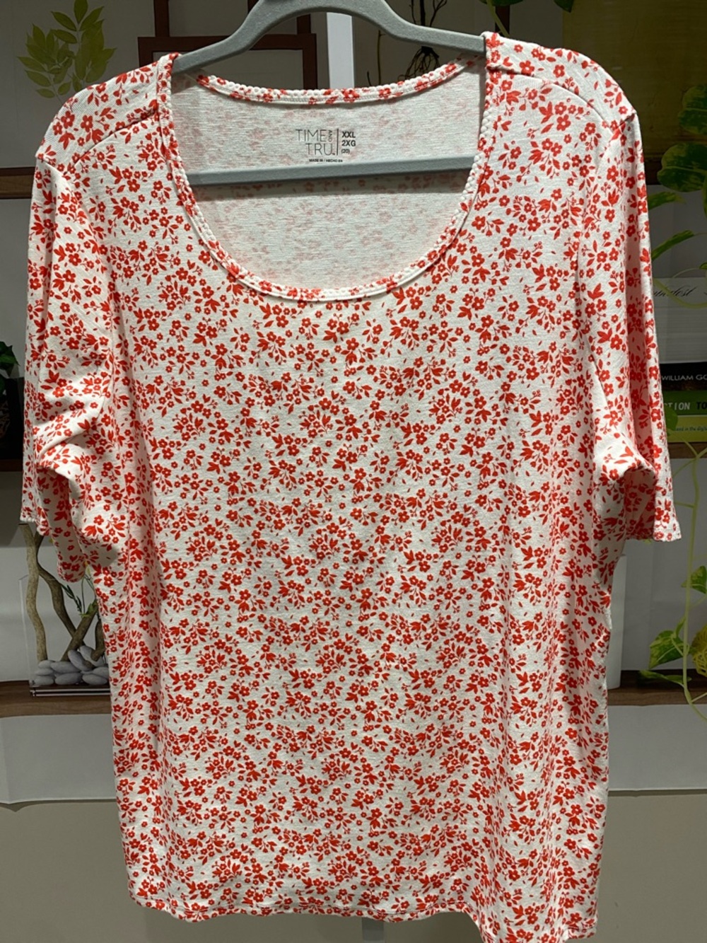 Time and Tru Cream Scoop Neck Tee with Orange Floral Print.